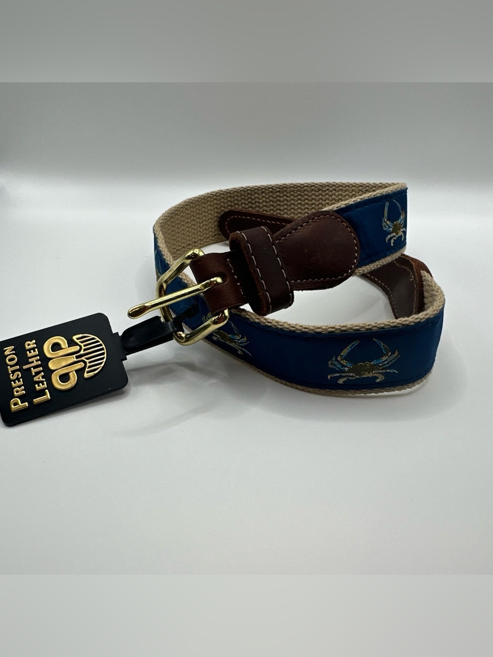 Preston Leather Crab Nautical Belt Solid Brass Buckle Kids Size 20 Made in USA